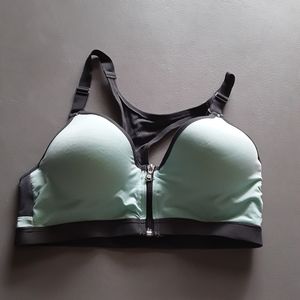 Mint blue and grey zipper front sports bra